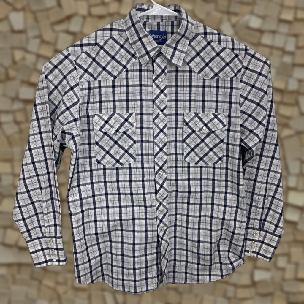 Wrangler VINTAGE Wrangler Wrancher Pearl Snap Western Shirt Mens Large Blue White Plaid 75204PP Size US L / EU 52-54 / 3 - 1 Thumbnail