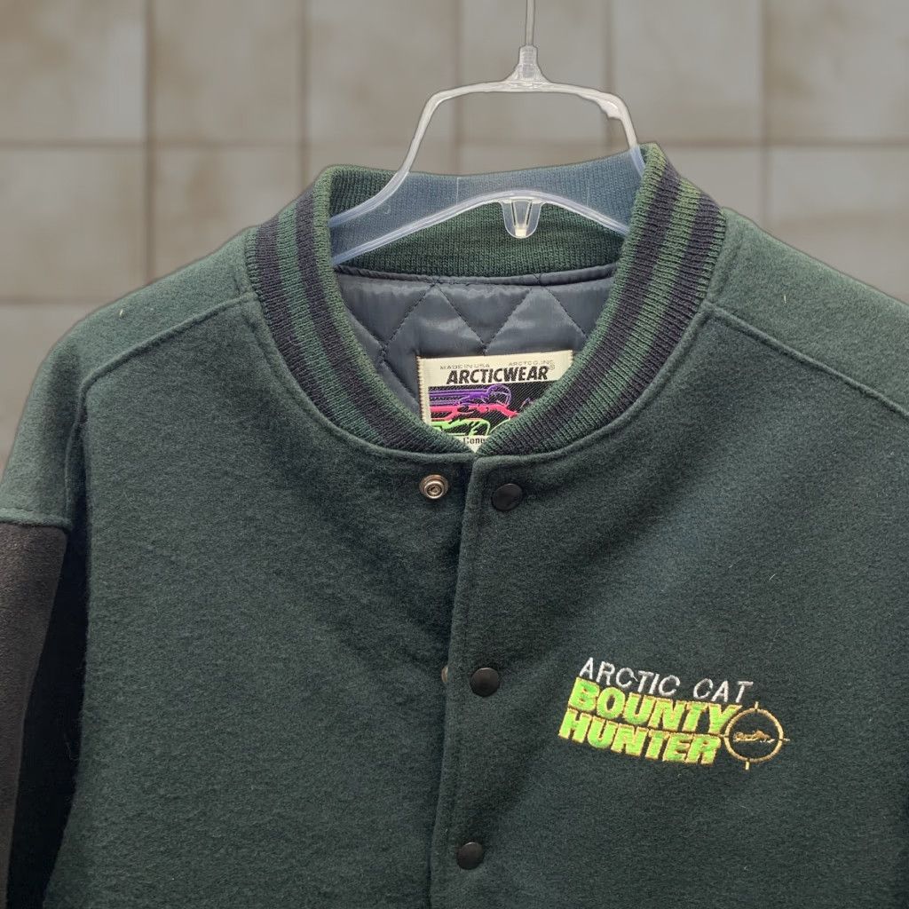 VINTAGE Arctic Cat Jacket Mens Small Green Wool Bomber Letterman 90s
