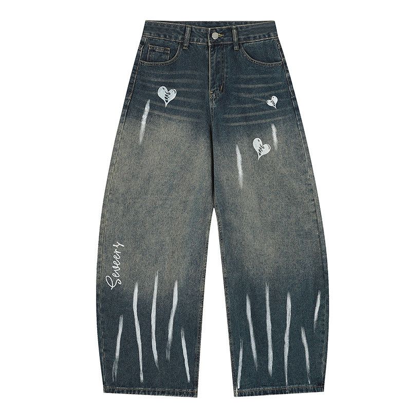 Jean Retro graffiti heart letter washed distressed jeans Size US 32 / EU 48 - 1 Thumbnail