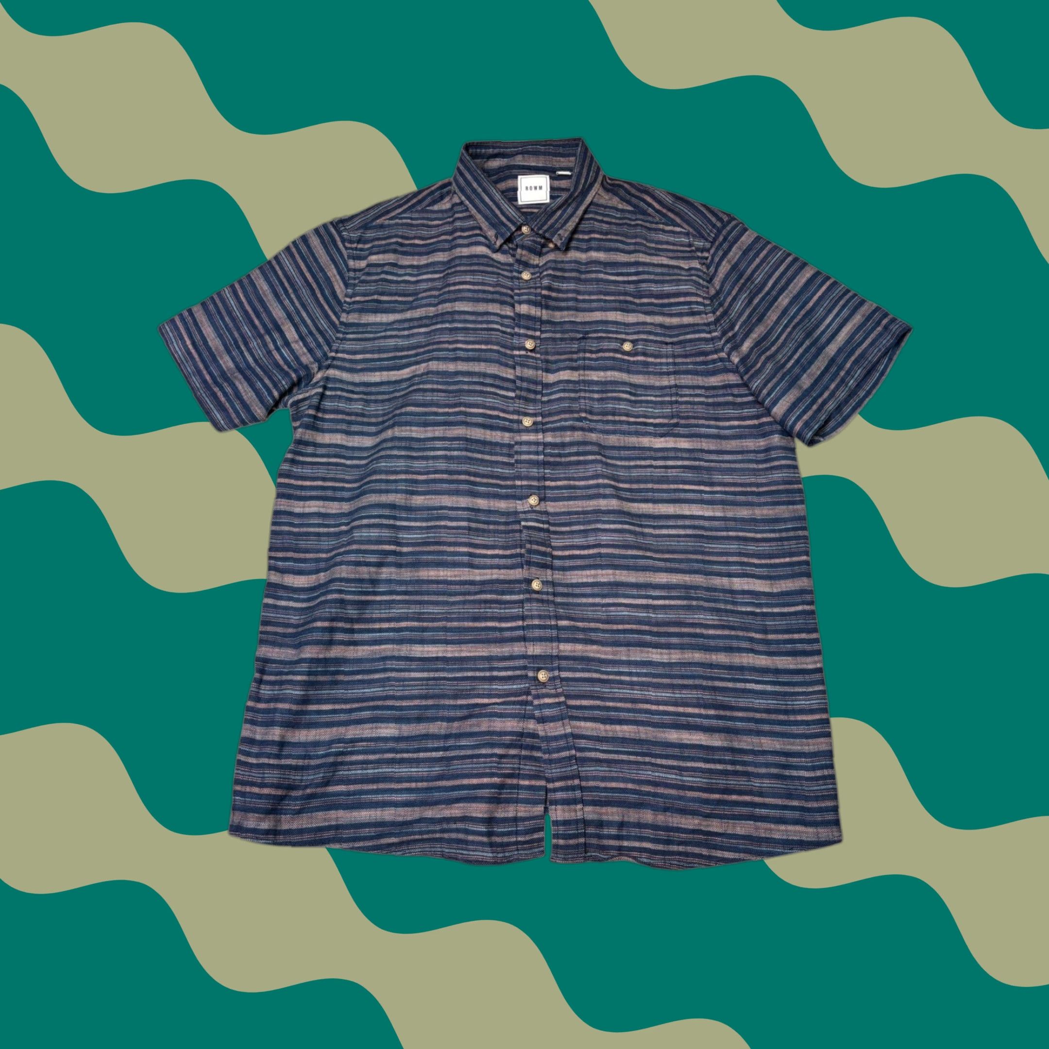 Vintage ROWM Mens Large Striped Button Up Short Sleeve Casual Shirt L Blue Beach Vacation Size US L / EU 52-54 / 3 - 1 Thumbnail