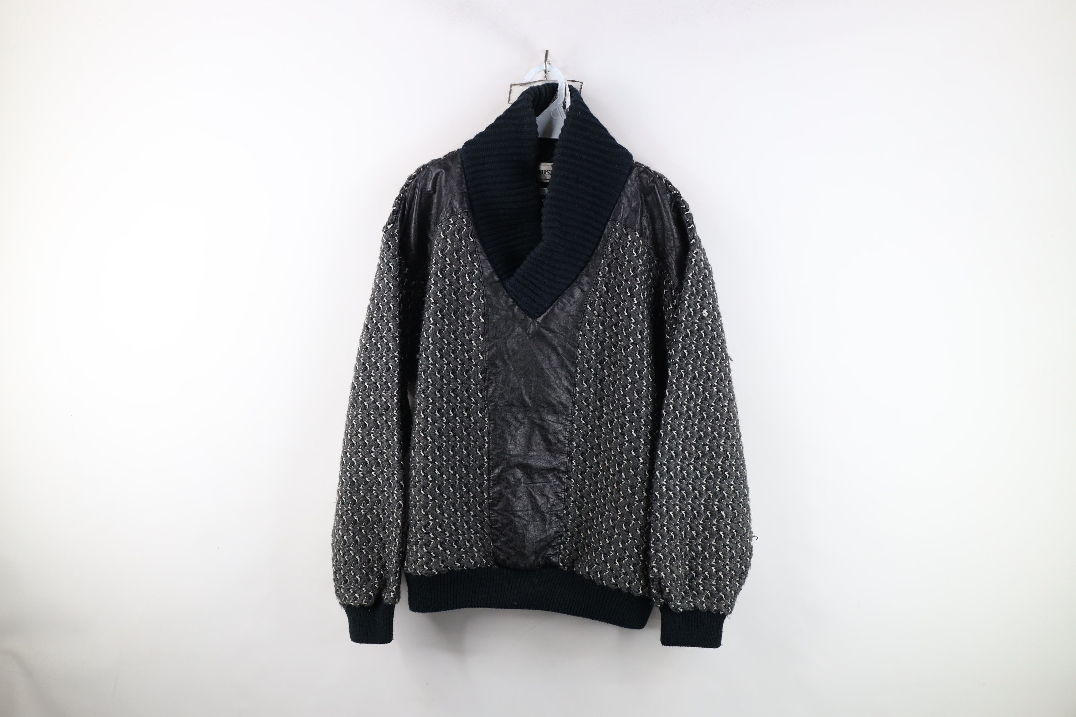 Vintage Vintage 90s Streetwear Knit Leather Trim Shawl Sweater Gray Size US M / EU 48-50 / 2 - 1 Thumbnail