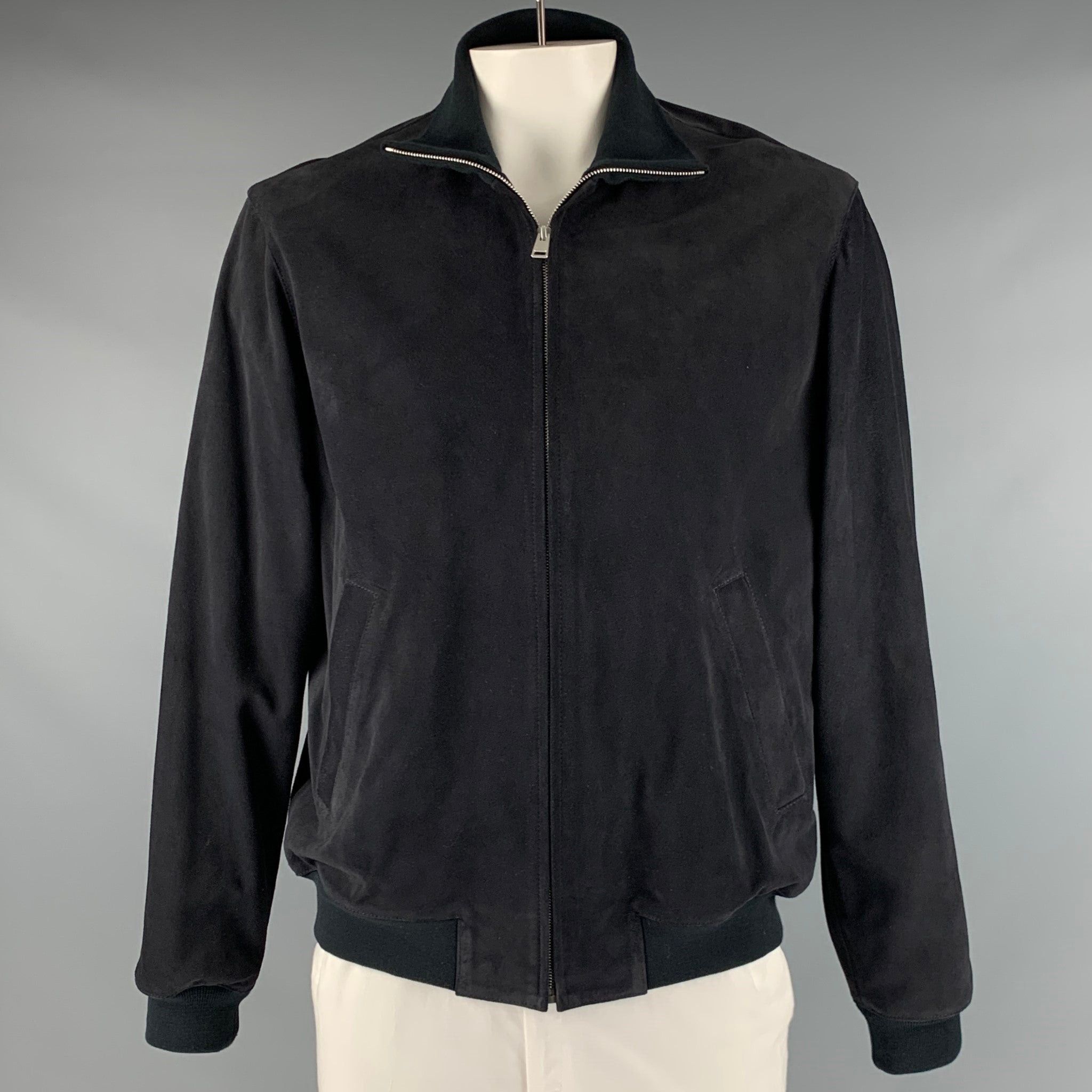 image of Sandro Black Suede Bomber Jacket, Men's (Size 2XL)