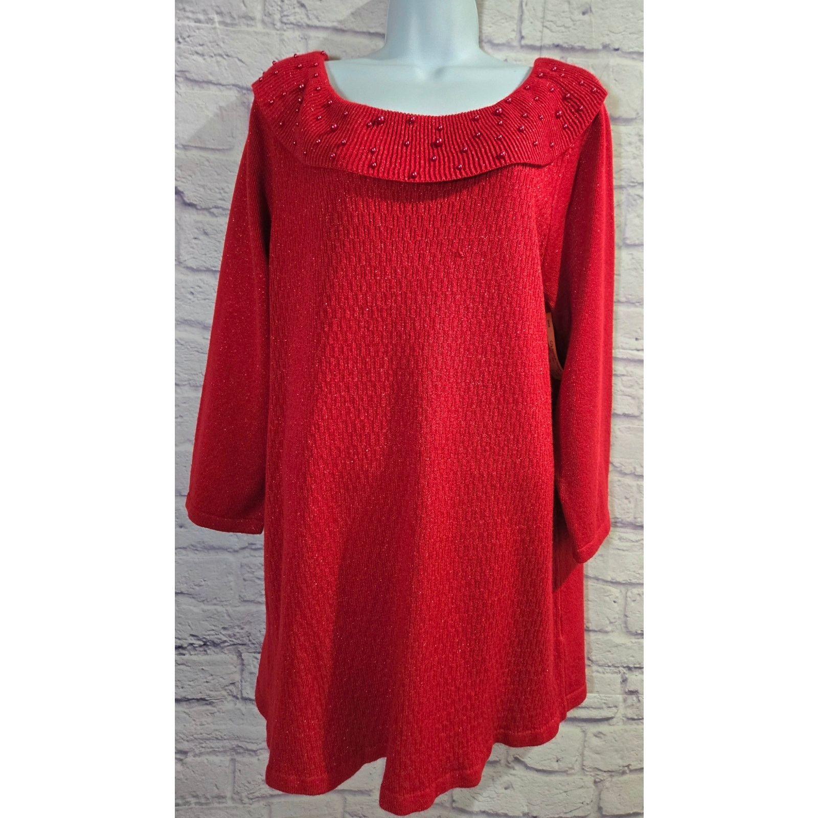 Other Briggs Red Beaded Scoop Neck 3/4 Sleeves Sweater Top 1X Plus Size XXL / US 16-18 / IT 52-54 - 1 Thumbnail