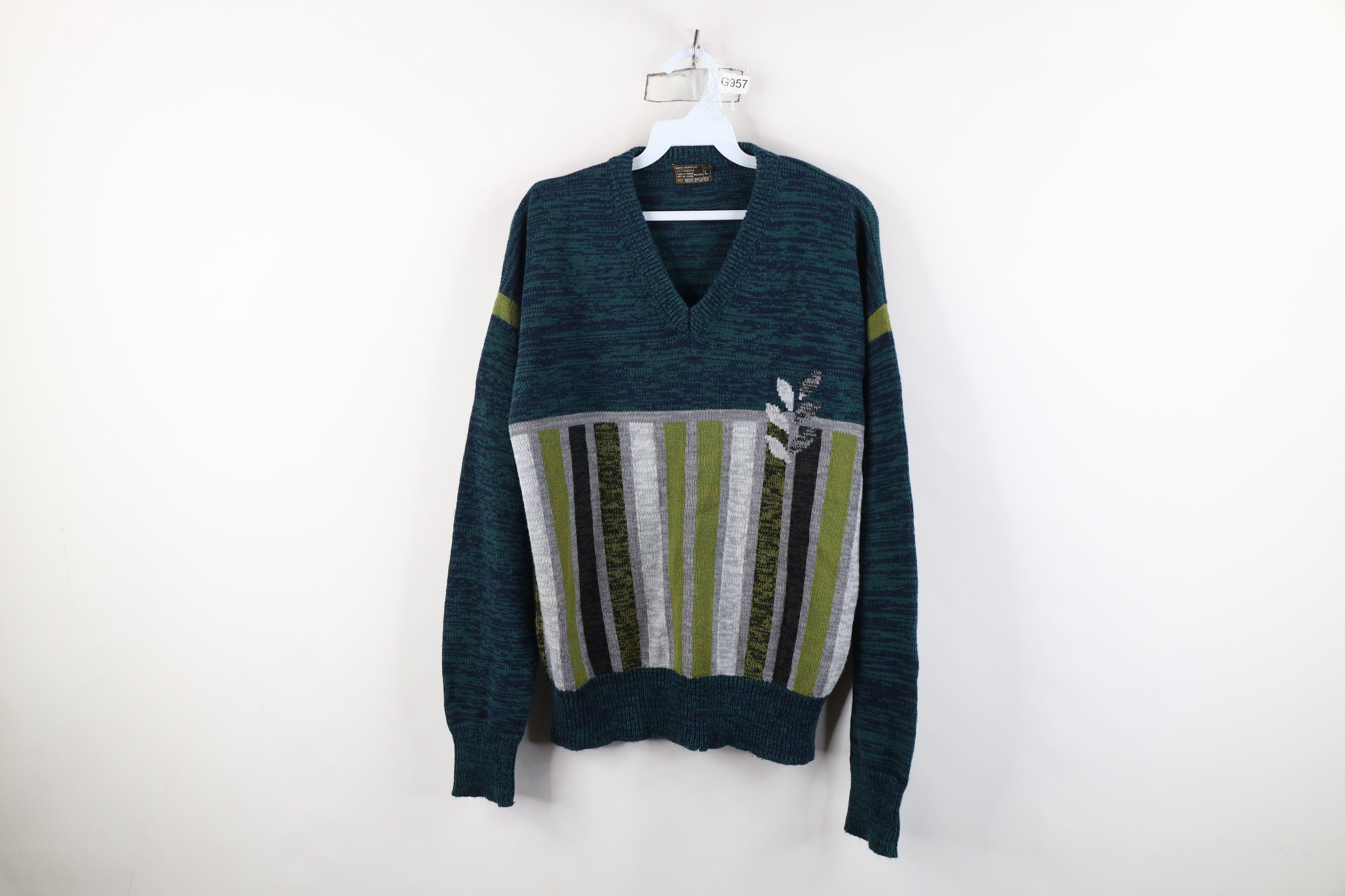 Vintage Vintage 70s Mid Century Modern MCM Leaf Knit V-Neck Sweater Size L / US 10 / IT 46 - 1 Thumbnail