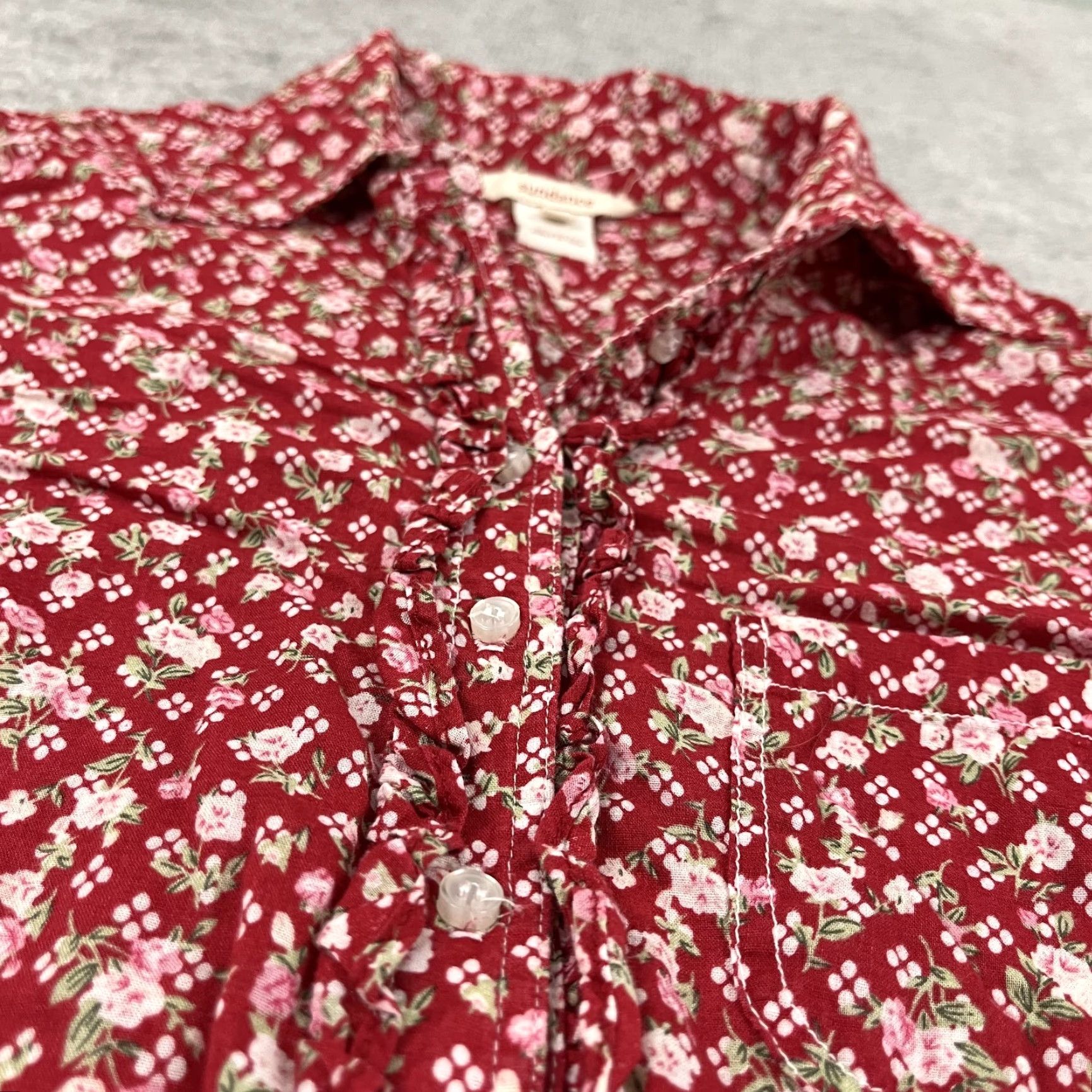 Vintage Vintage Sundance Women's Floral Ruffled Button-Up Shirt Large Red Cottagecore Cross-Seasonal Size L / US 10 / IT 46 - 3 Thumbnail