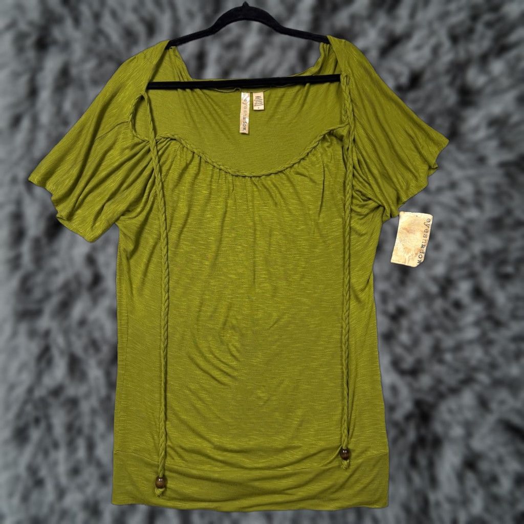 Vintage Eyeshadow Blouse Tunic Womens XL Moss Green Beaded Boho Scoop Neck Short Sleeve Relaxed Junior Size XL Size XL / US 12-14 / IT 48-50 - 1 Thumbnail
