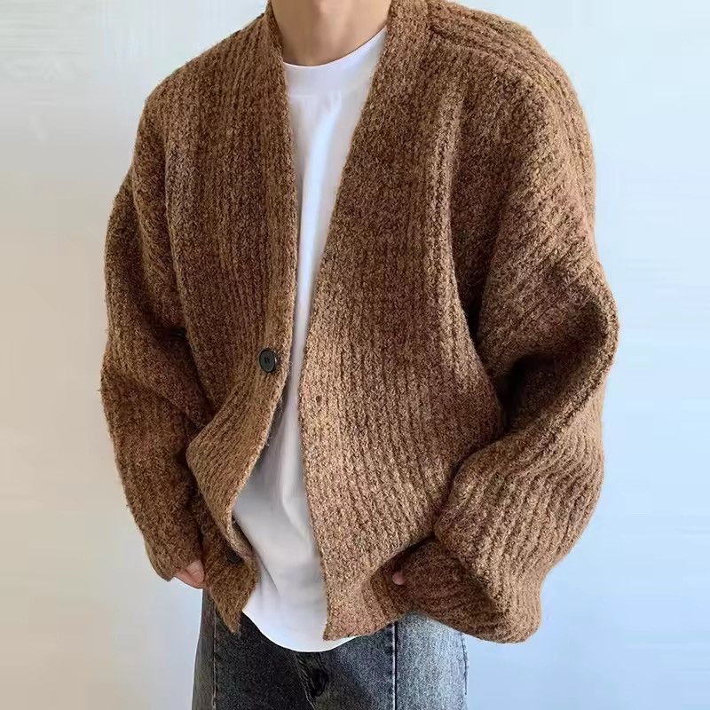 Other Knitted Casual Brown Cardigan Streetwear Solid V Neck Size US L / EU 52-54 / 3 - 1 Thumbnail
