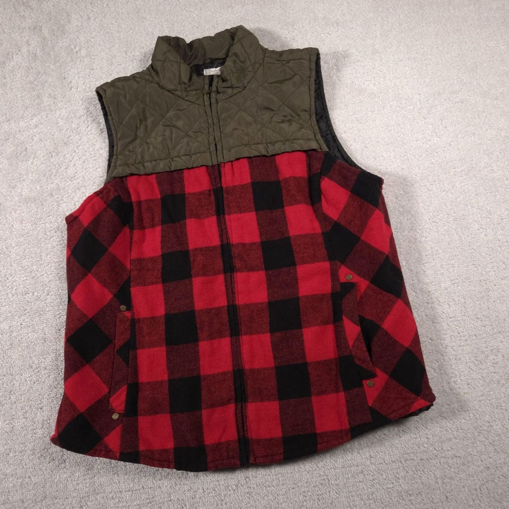 Vintage Maurices Vest Womens XXL Red Black Buffalo Plaid Olive Quilted Yoke Zip Pockets Size XXL / US 16-18 / IT 52-54 - 2 Thumbnail