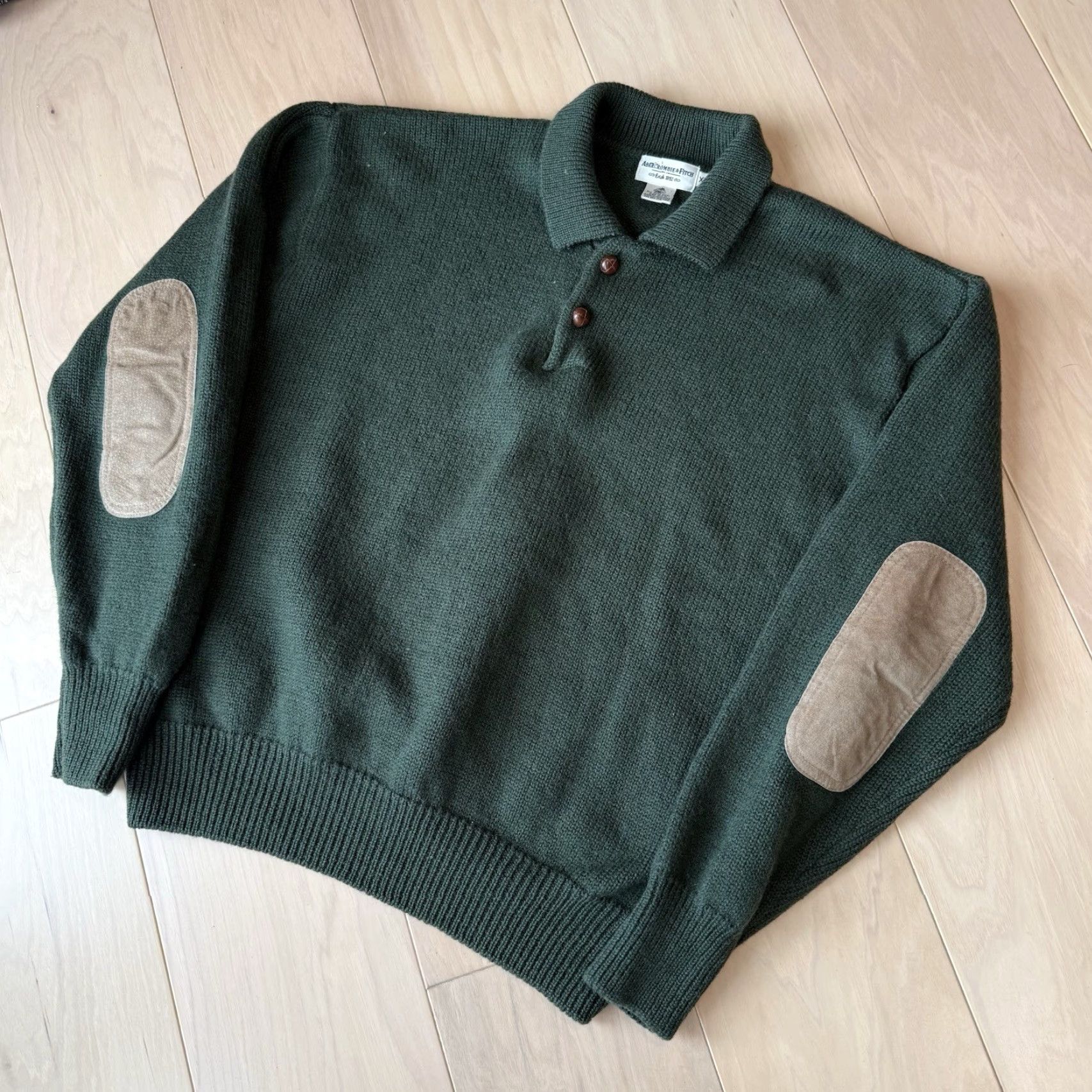 Abercrombie & Fitch VINTAGE Abercrombie & Fitch Wool Sweater XL Green Collared Pullover Men Regular Knit Solid Logo Elbow Pads 90s Hip Hop USA Bars Size US XL / EU 56 / 4 - 8 Thumbnail