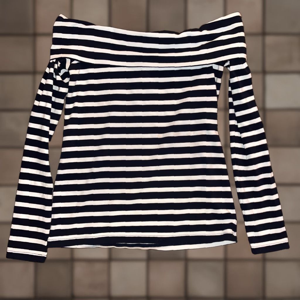 J.Crew VINTAGE J. Crew Factory Off Shoulder Blouse XS Women Black White Stripes Casual Party Warm Weather Size XS / US 0-2 / IT 36-38 - 1 Thumbnail