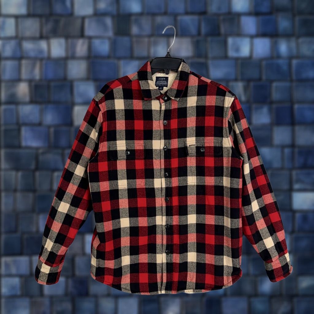J.Crew J.CREW Mens Jacket Red Plaid Sherpa Lined Flannel Button Front Shacket Size US M / EU 48-50 / 2 - 1 Thumbnail