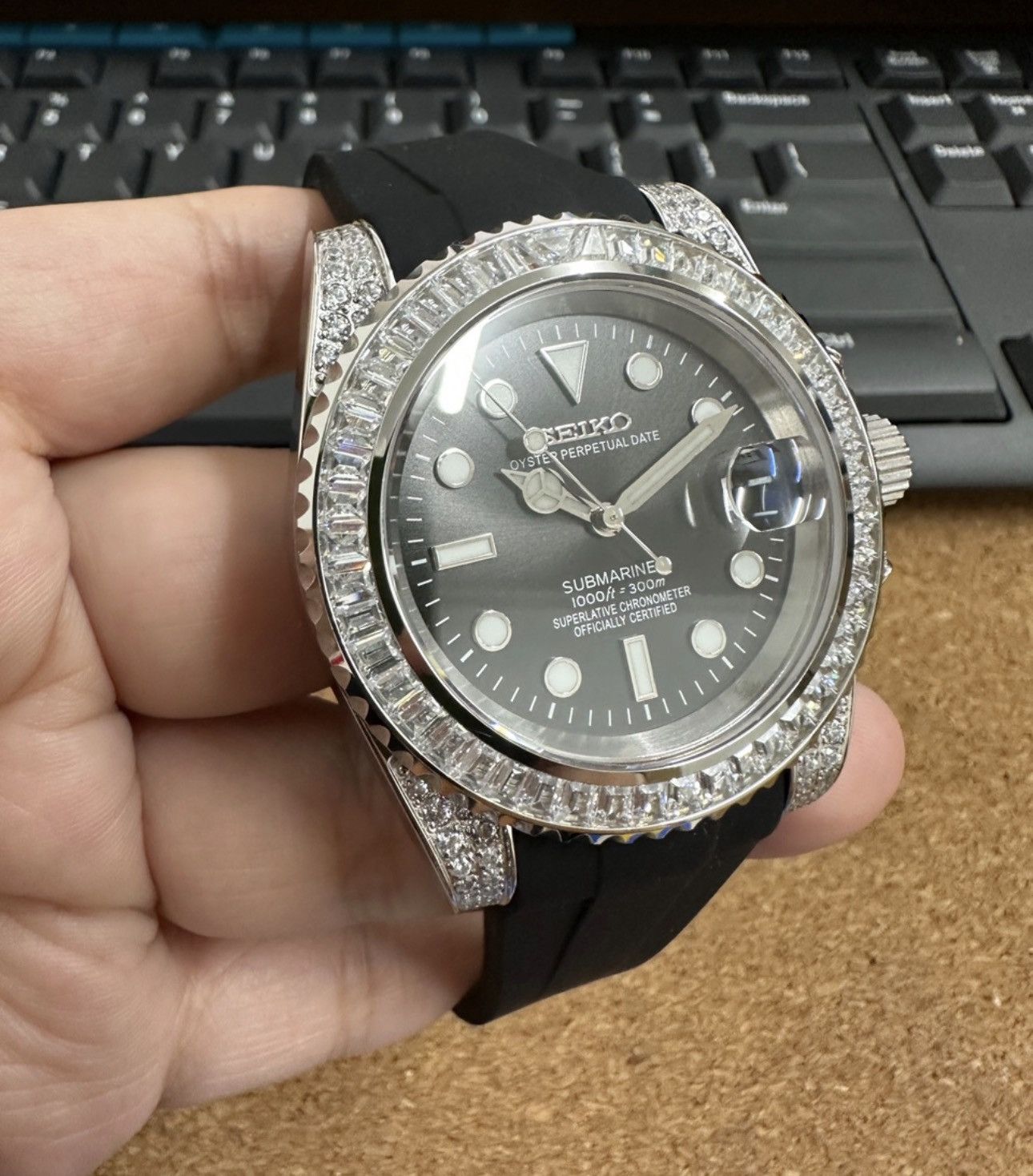 Japanese Brand Seiko Mod Submariner Black Iced Out Automatic Watch 41mm Size ONE SIZE - 3 Thumbnail