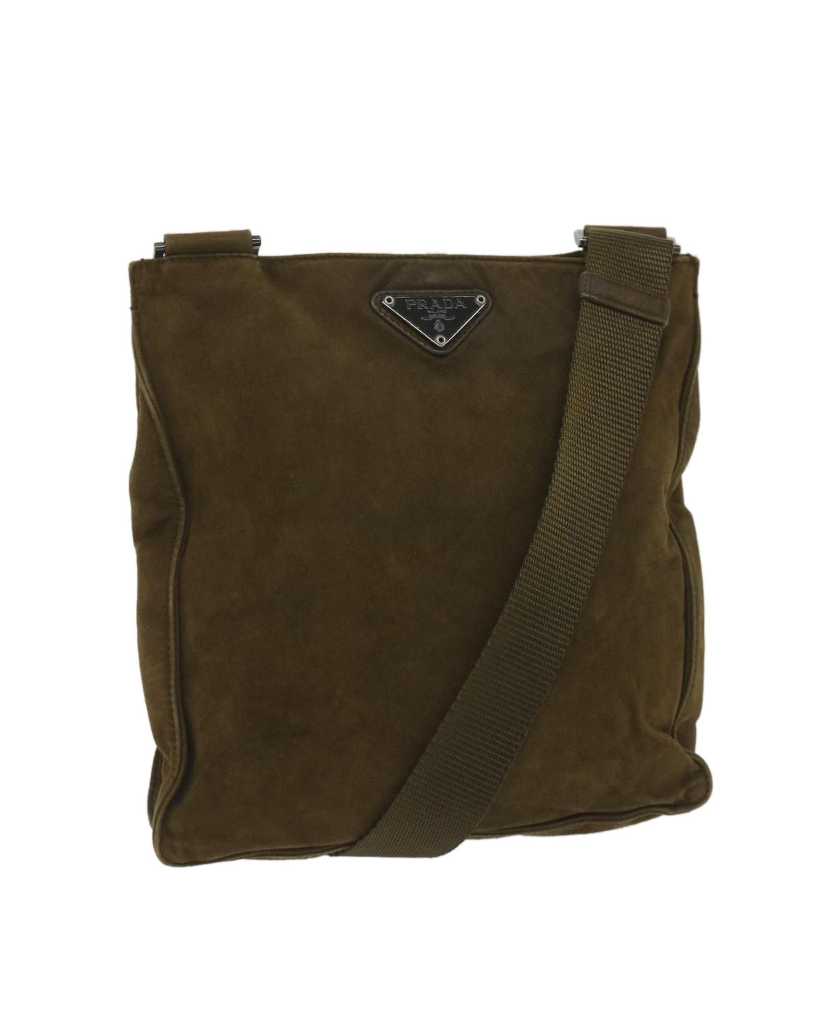 image of Prada Elegant Brown Suede Bag With Practical Features, Women's