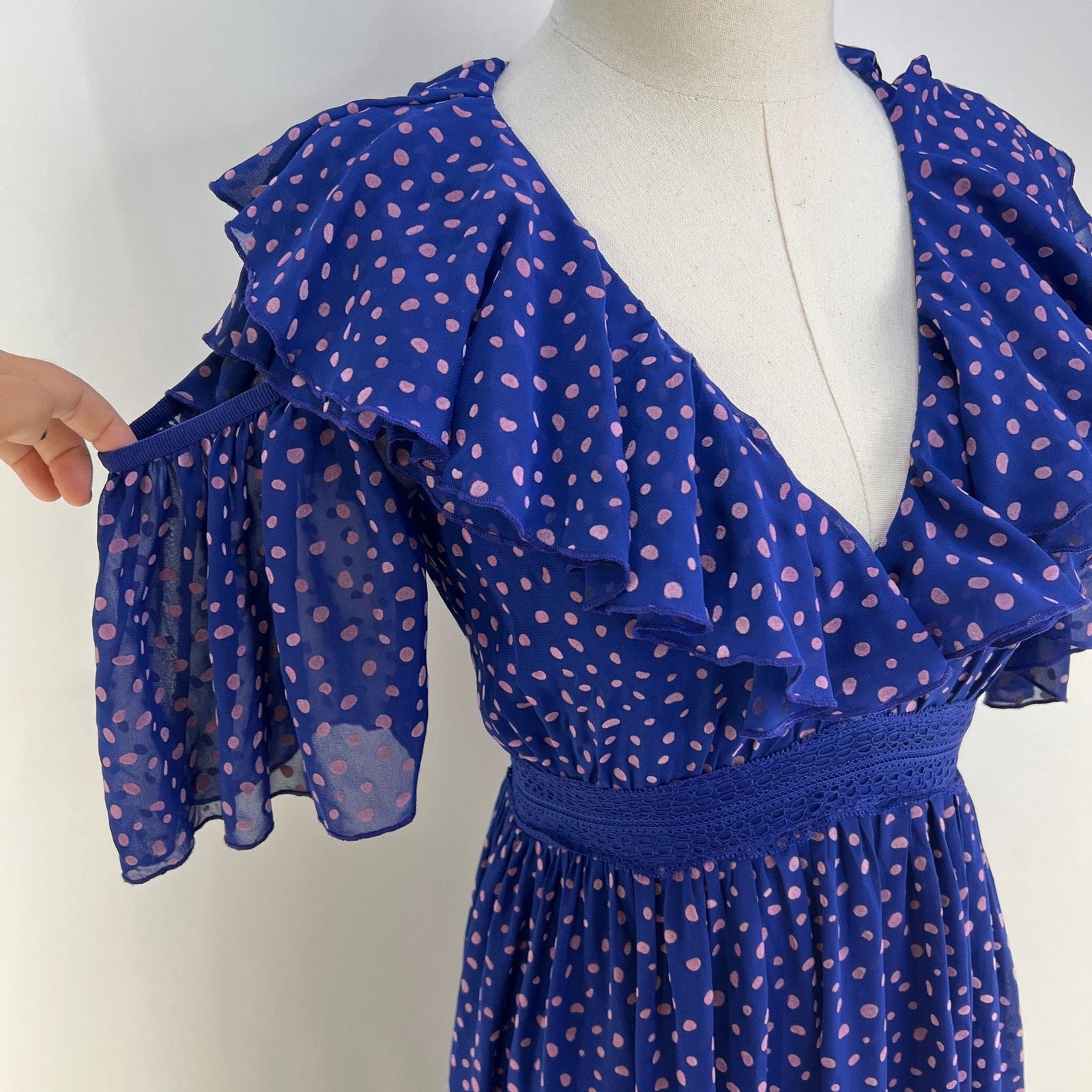 Other Three Floor Polka Dot Ada Dress Blue Ruffles V Neck Midi Size S / US 4 / IT 40 - 4 Thumbnail