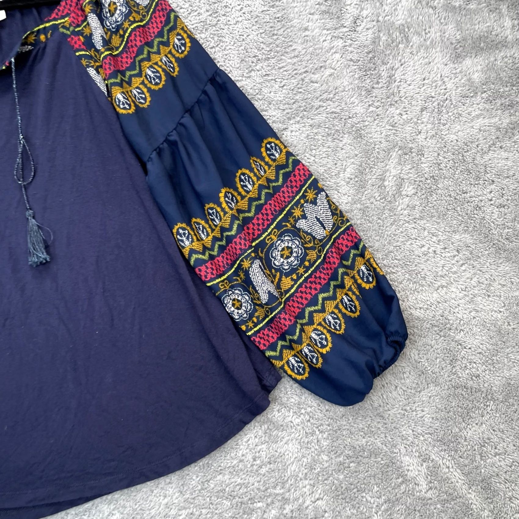 Vintage Fig & Flower Blouse Womens Large Blue Puff Sleeve Tassel Rope Fair Isle V-Neck Lace Up Casual Party/Cocktail Shirt Blouse Beach Bohemian Spring Summer Size L / US 10 / IT 46 - 5 Thumbnail