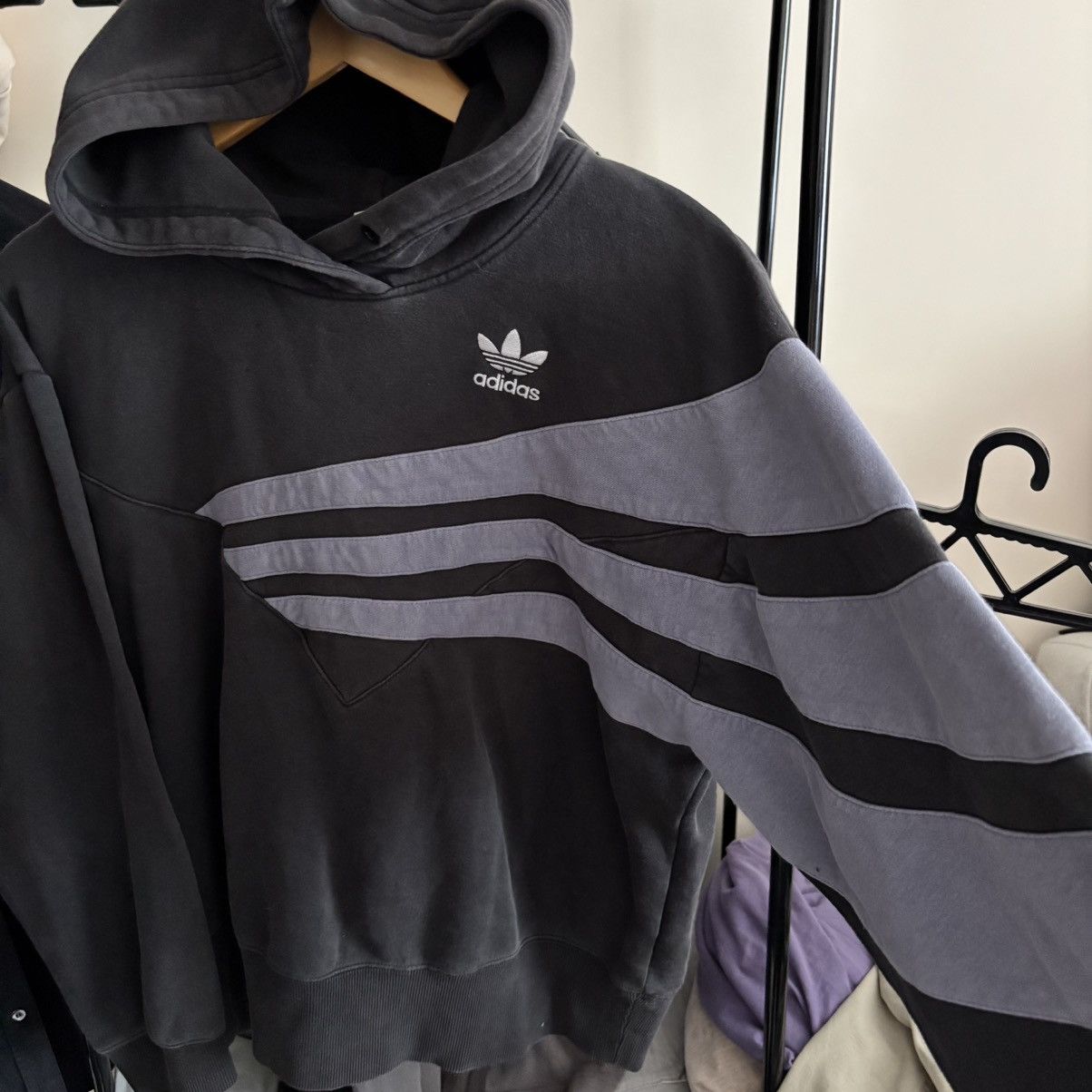 Vintage Adidas Trefoil Hoodie Asymmetrical Stripes –Boxy Fit