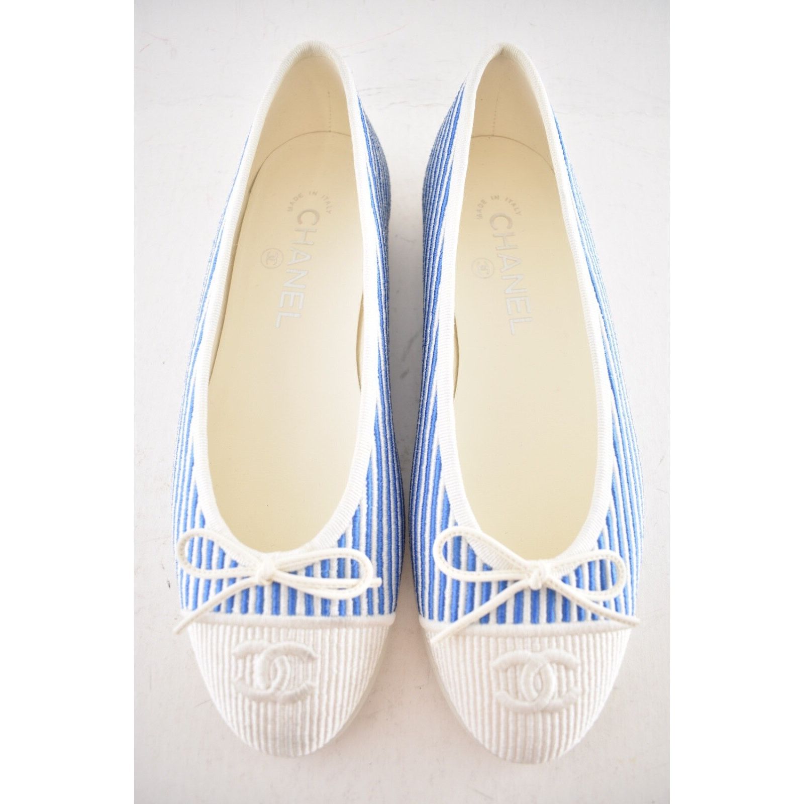 Chanel Chanel 24S Blue White Pinstripe Stripe CC Logo Bow Ballet Size US 7.5 / IT 37.5 - 3 Thumbnail