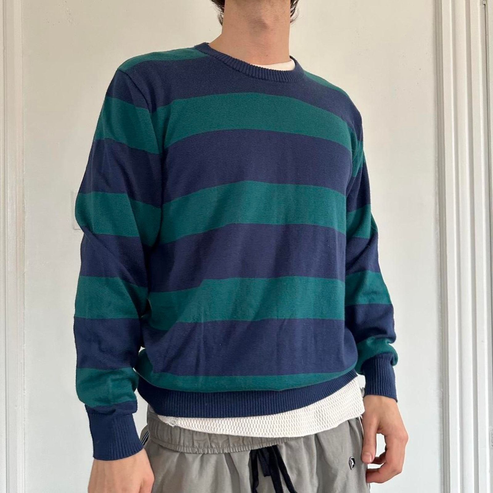 Vintage Vintage 00s Striped Preppy Basic Fitted Green Navy SweateR Size US L / EU 52-54 / 3 - 5 Thumbnail