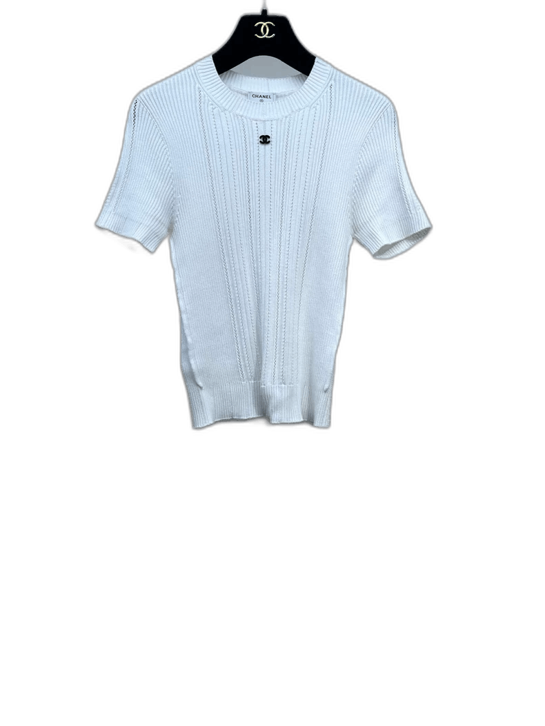 Chanel Chanel White Logo Knit Short Sleeve Top Size S / US 4 / IT 40 - 1 Thumbnail