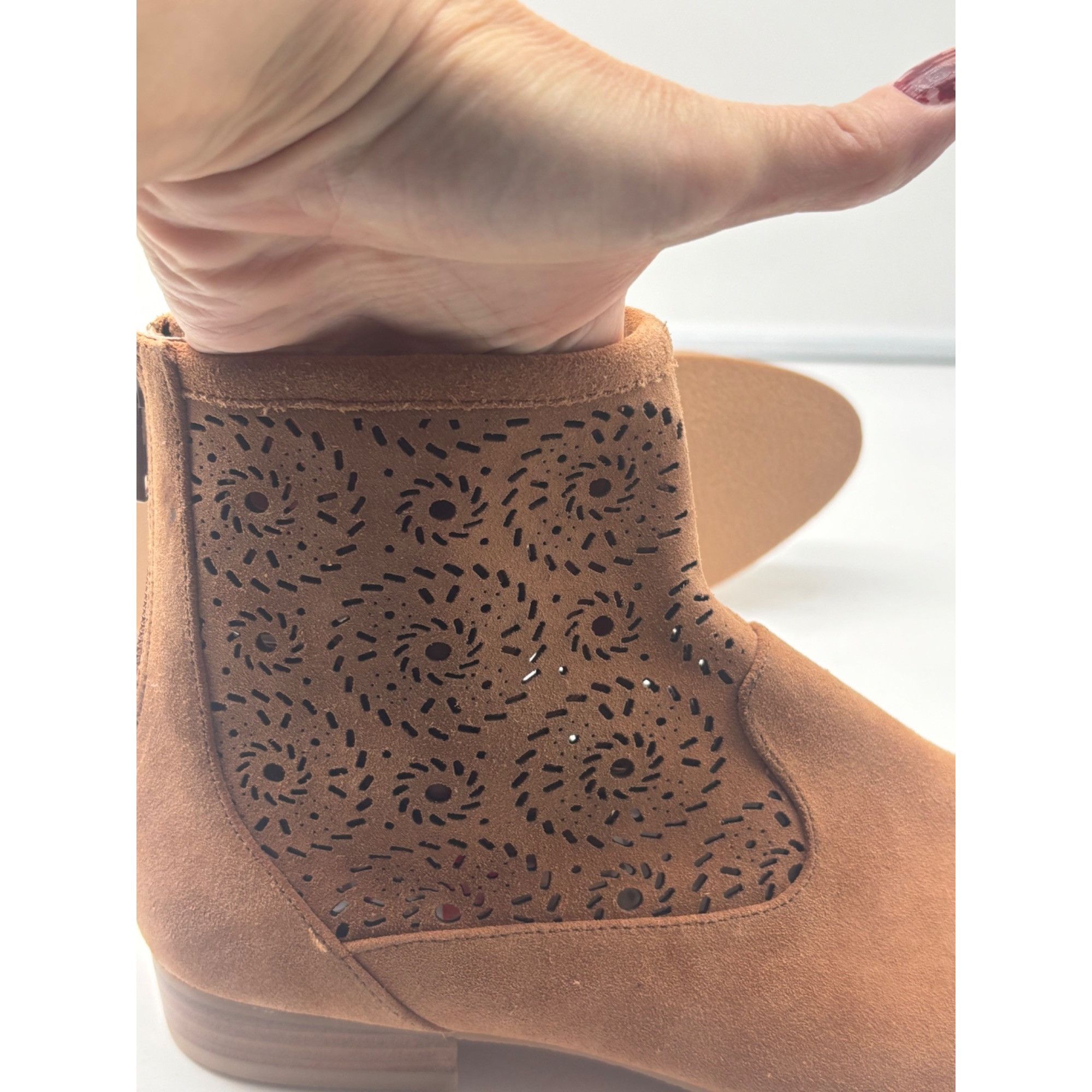 Jack Rogers Jack Rogers Floral Cutout Ronnie Suede Booties, Tan, Size 7. Size US 7.5 / IT 37.5 - 9 Thumbnail