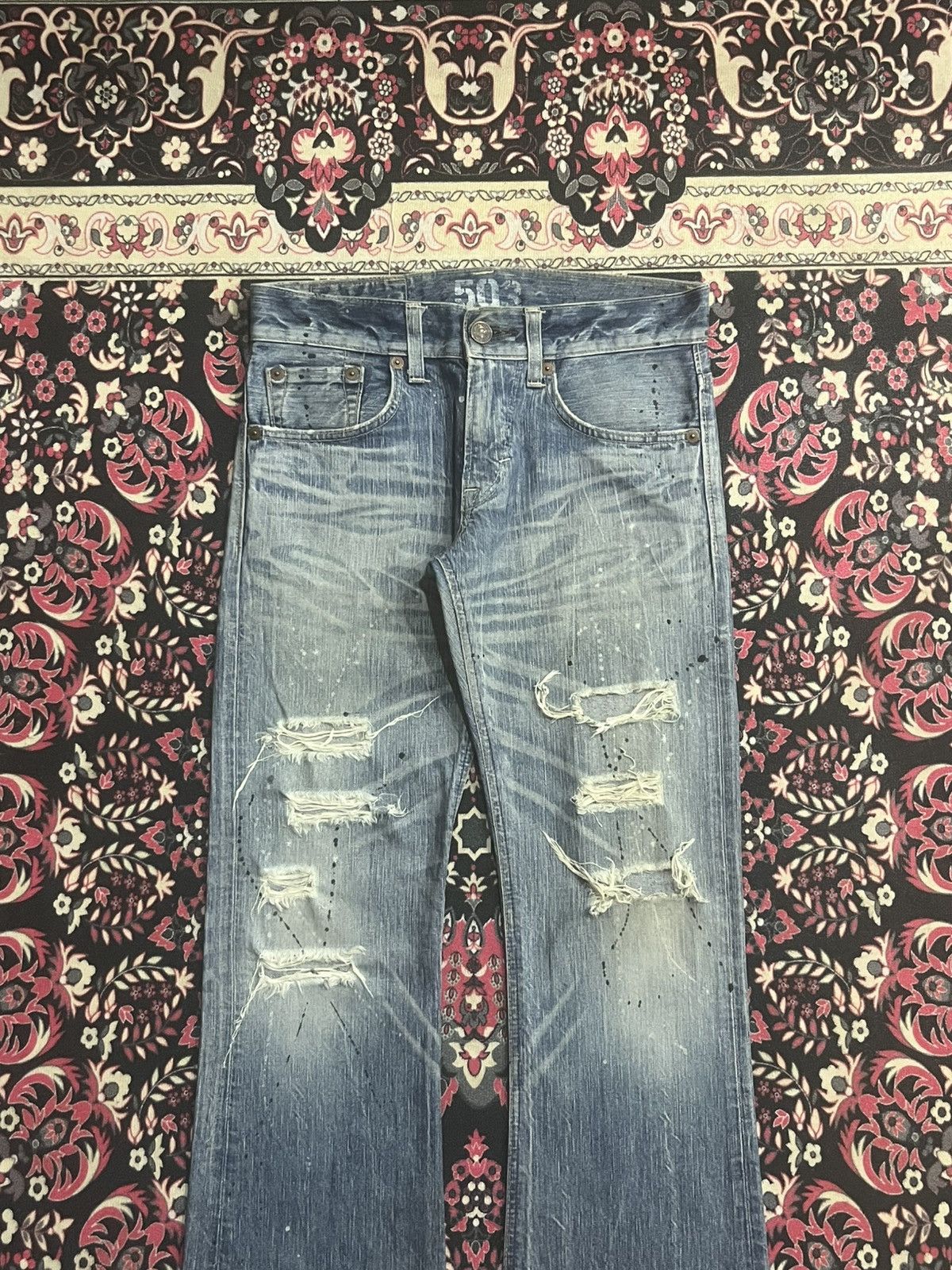 Tornado Mart Edwin 503 Blue Trip Distressed Paint Splattered Flare Jeans Size US 28 / EU 44 - 3 Thumbnail