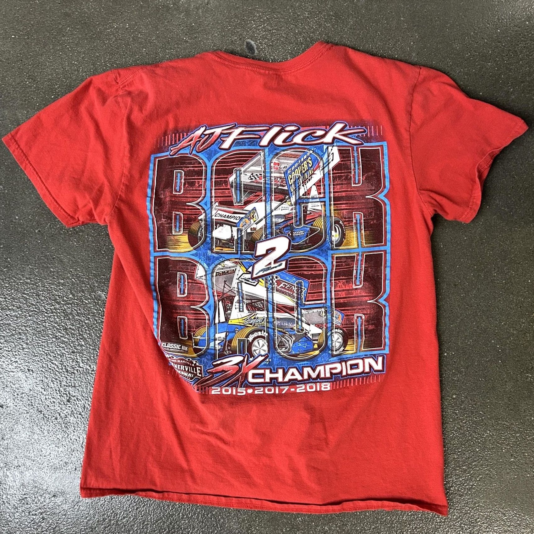 Gildan VINTAGE? AJ Flick Lernerville Speedway Gildan Shirt Mens Large Red Racing Graphic Tee Size US L / EU 52-54 / 3 - 3 Thumbnail
