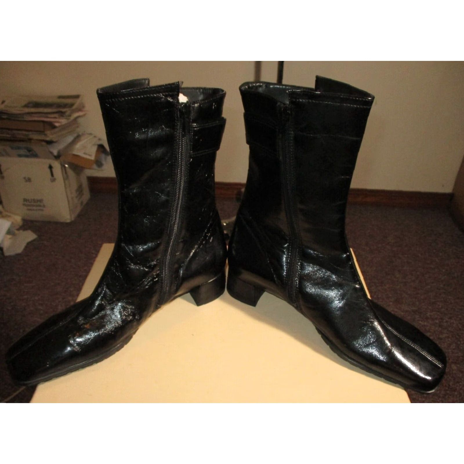 Vintage THERESIA M. Boots Shoes Black Faux Leather NWOT Size 4.5 Women Mid-Calf Zip Boot Heel 1.5" Square Toe Vintage No Size US 5 / IT 35 - 6 Thumbnail