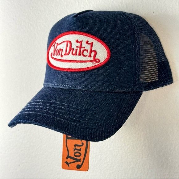 Designer × Von Dutch NWT VON DUTCH DARK DENIM RED & WHITE PATCH TRUCKER HAT Size ONE SIZE - 3 Thumbnail