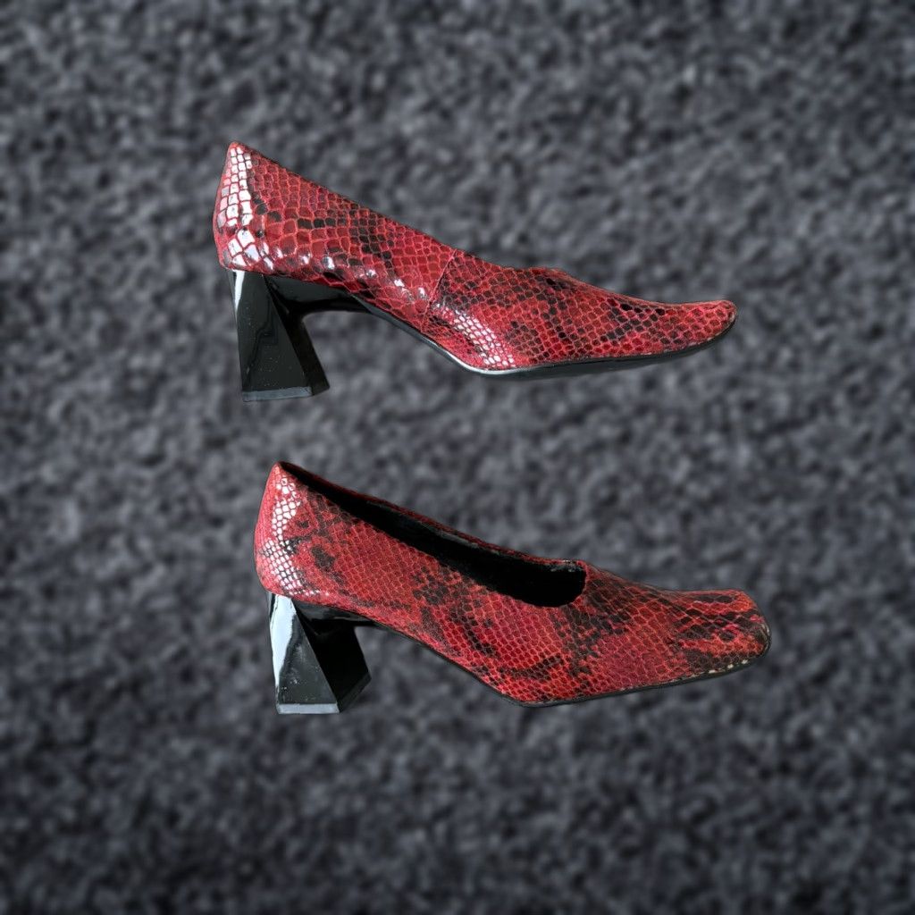 Vintage Me Too Red Snake Print Leather Square Toe Block High Heel Shoes Pumps Size 7.5, Women's