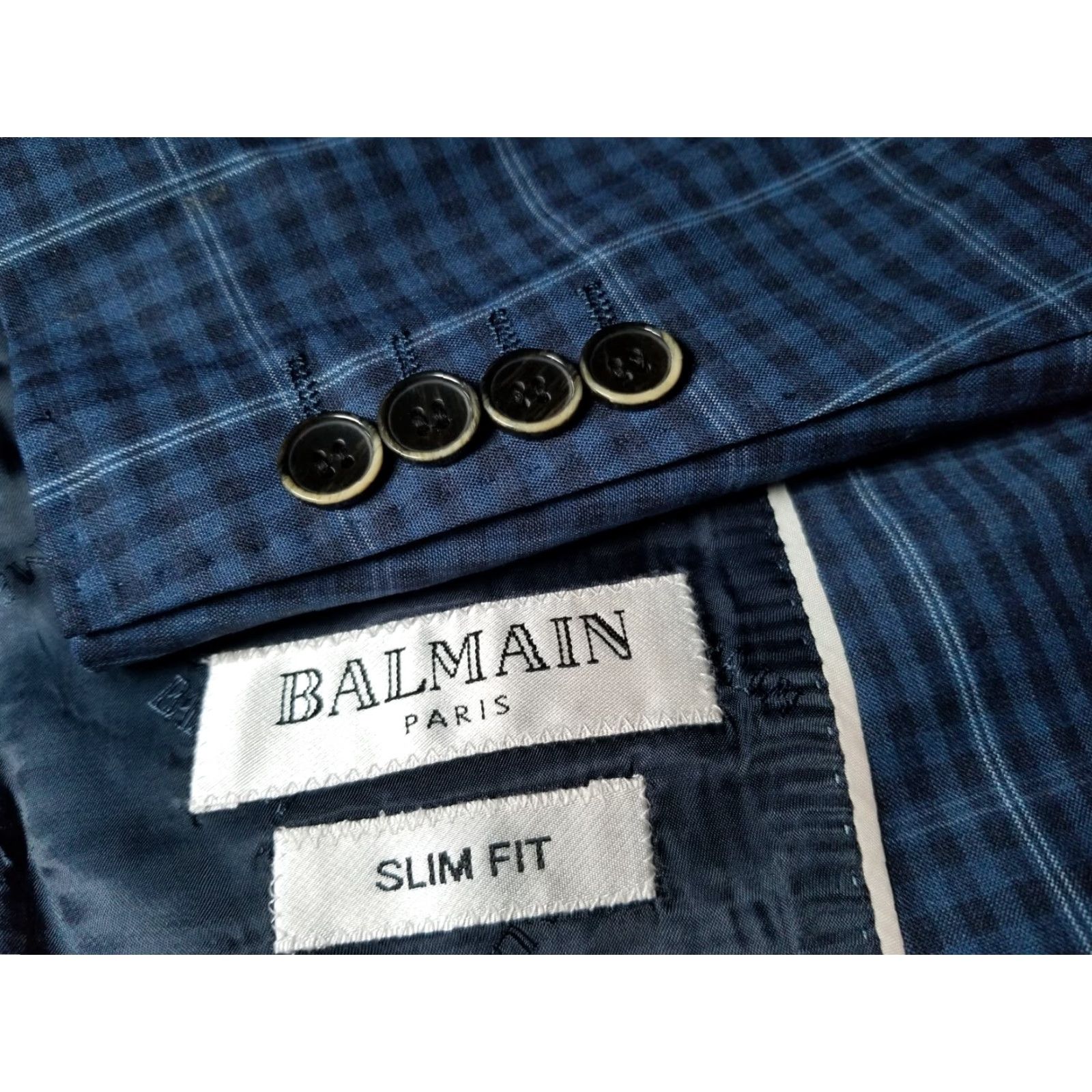 Balmain Sport Coat Jacket Blues Check Wool 38R Slim Adult Men Regular Notch Lapel Four-Button Four-Button Single-Breasted Tailored