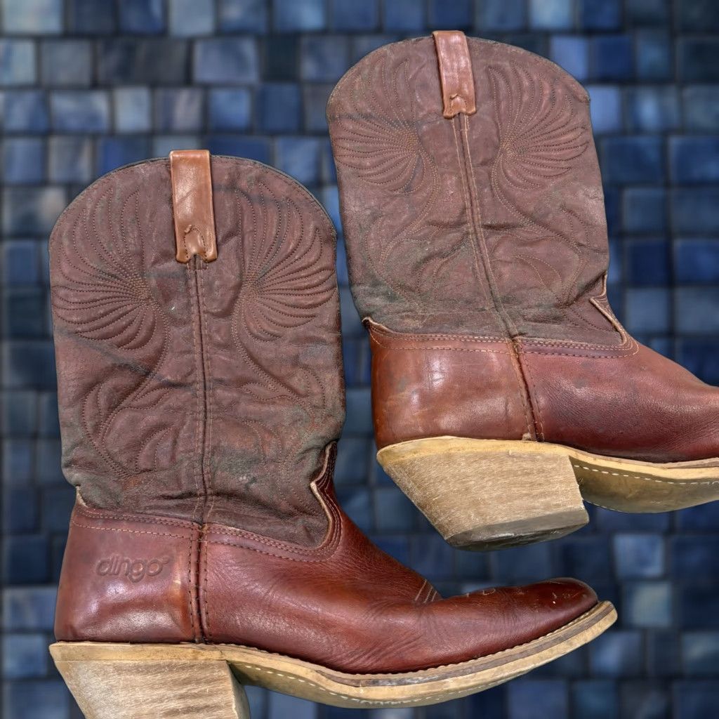 Vintage Dingo Acme 5905 Brown Leather Western Cowboy Boots 13" Size 10.5 B Distressed Vintage Men Boots Western Cowboy Leather Embroidered Logo Size US 11 / EU 44 - 1 Thumbnail