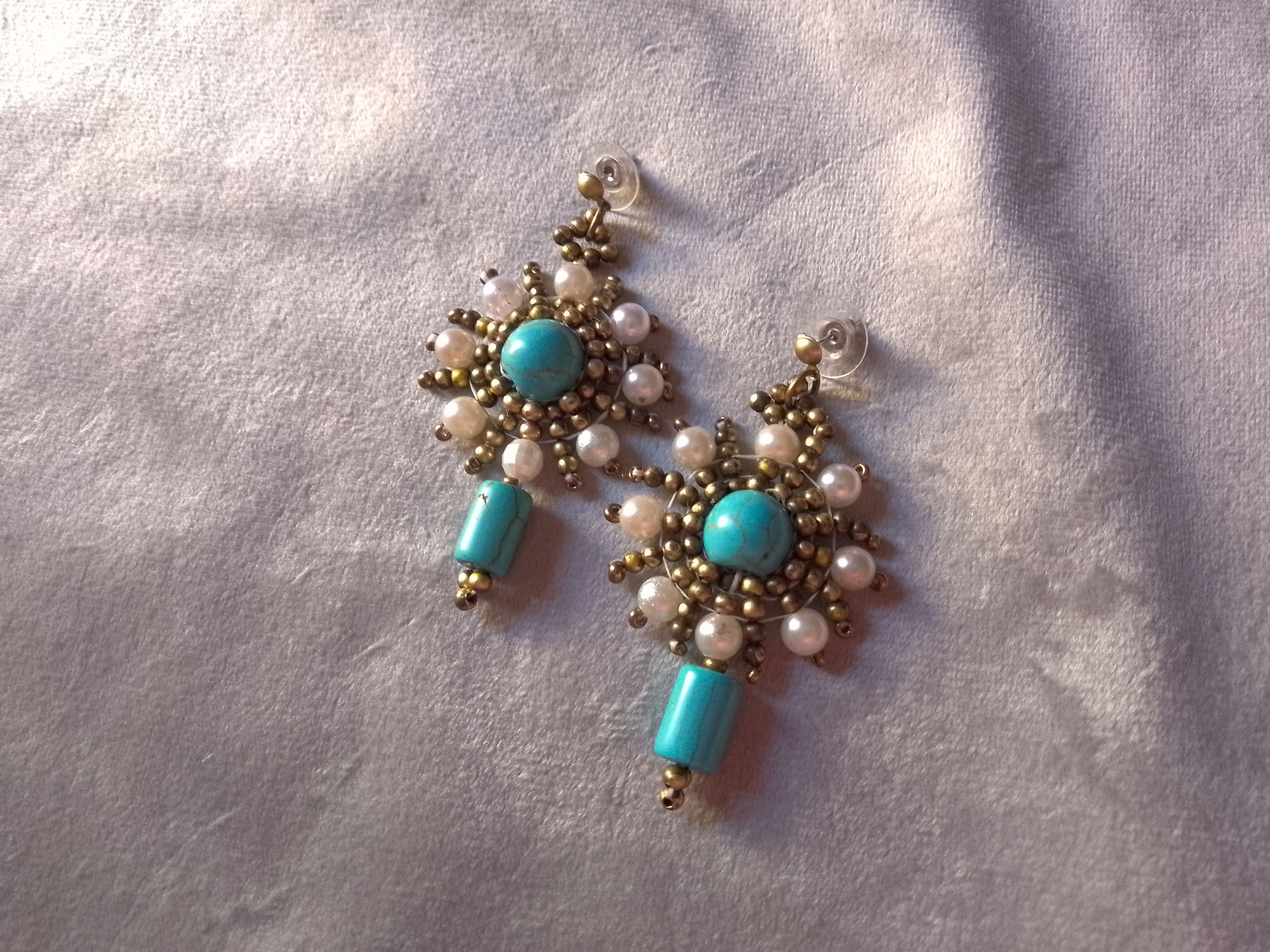 Handmade Earrings Precious Turquoise Howlite gemstones. pearls, brass Size ONE SIZE - 5 Thumbnail
