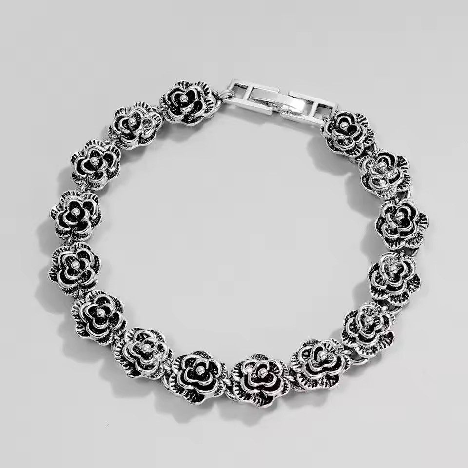 Japanese Brand Gothic Silver Tone Rose Link Bracelet Floral Chain 19 cm Size ONE SIZE - 5 Thumbnail