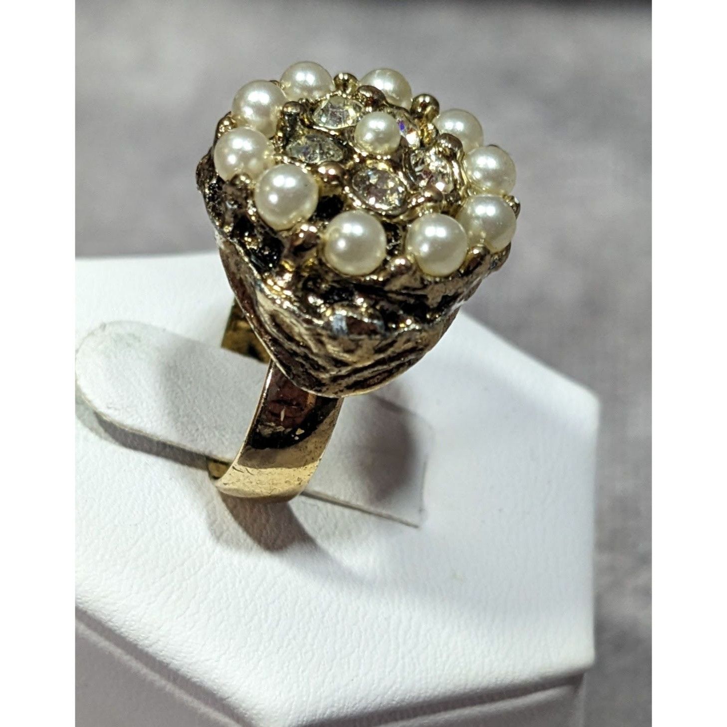 Other Vintage Glam Gold Tone Rhinestone Seed Pearl Adjustable Ring Size ONE SIZE - 7 Thumbnail