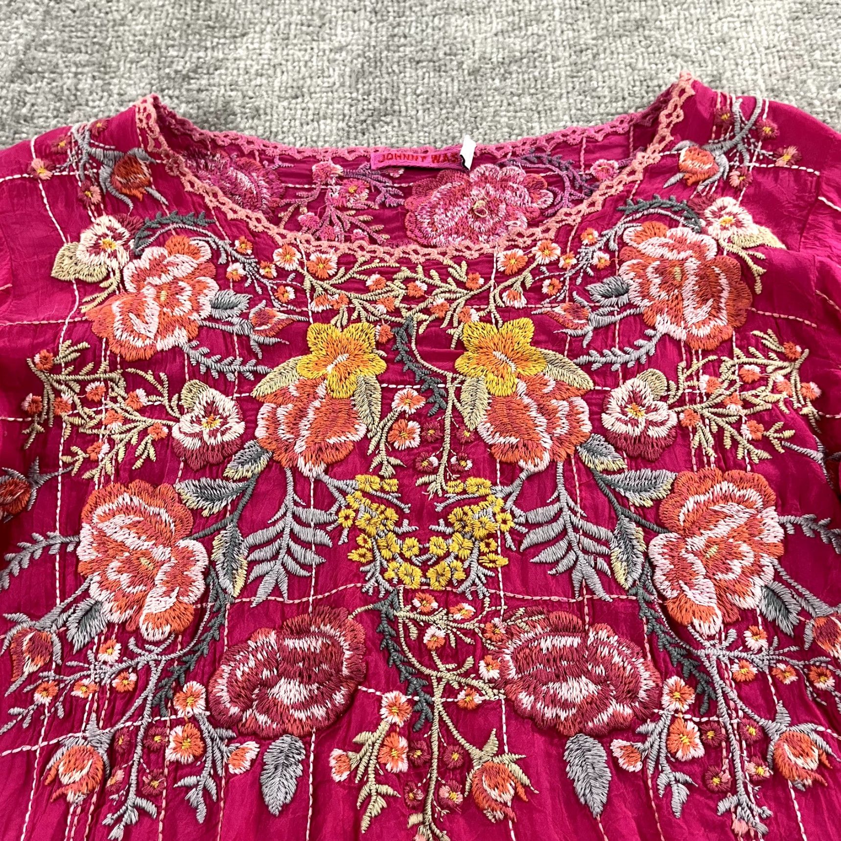 Johnny Was Johnny Was Blouse Womens XS Beth Tunic Pink Floral Embroidered Rayon Cupra Size XS / US 0-2 / IT 36-38 - 3 Thumbnail