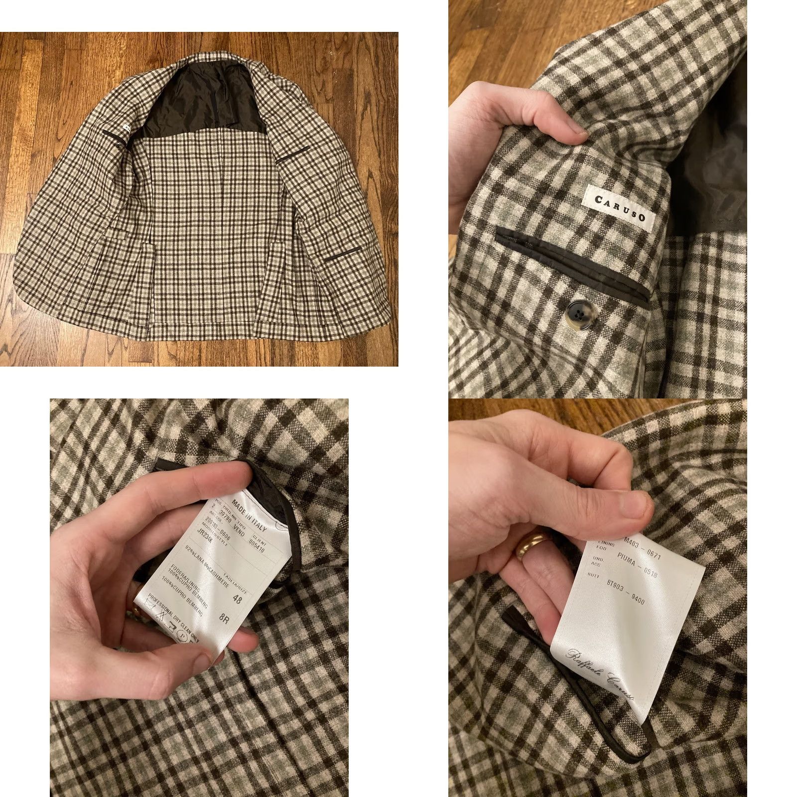 Caruso Caruso Mens 38R Blazer Plaid Wool Cashmere Beige 3 Button Italy Suit Jacket Two Piece Vintage: No Mens Size 38R - 9 Thumbnail
