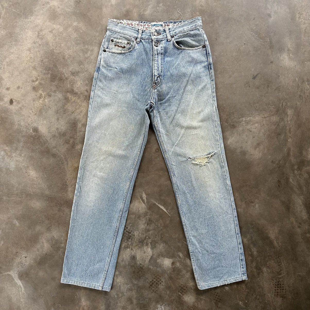 Japanese Brand W29 Vintage Turquoise Distressed Faded Denim Jean Pant Size US 29 - 1 Thumbnail