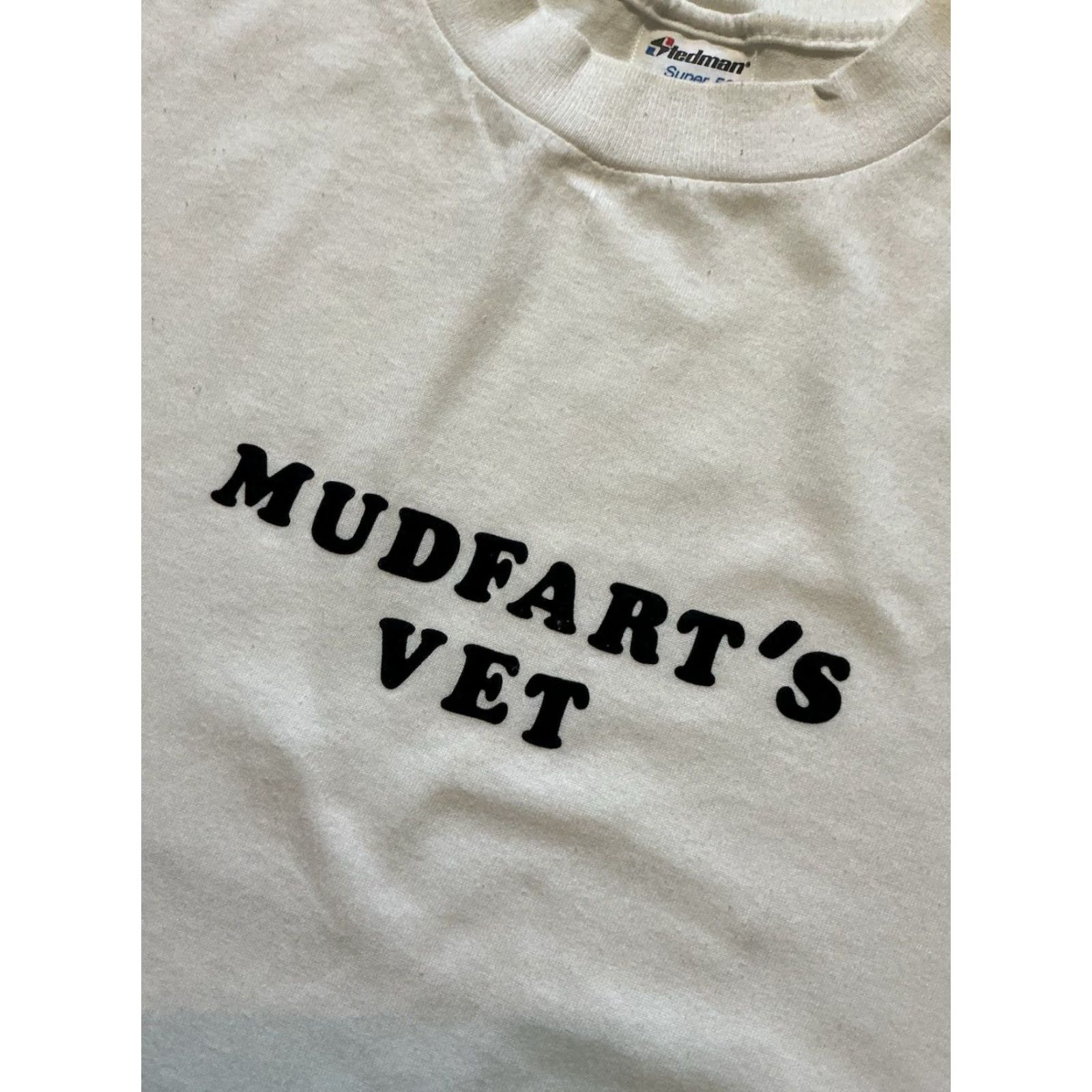 FELT VINTAGE Stedman Super 50 Mudfarts Vet Felt Letter 50/50 White T-Shirt XL Womens Mens Girls Boys Size US XL / EU 56 / 4 - 7 Thumbnail
