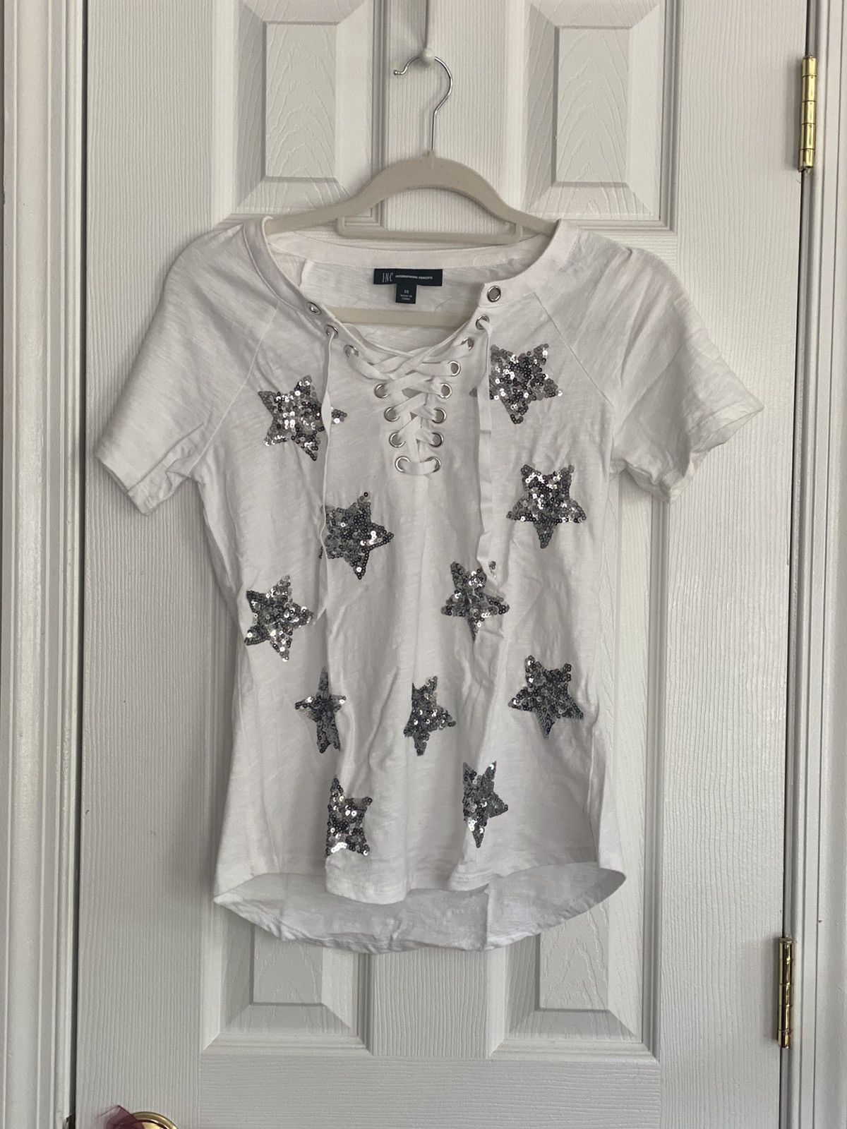 I.N.C INC INTERNATIONAL SEQUIN STAR EMBELLISHED LACE UP TOP SHIRT Size XS / US 0-2 / IT 36-38 - 10 Thumbnail