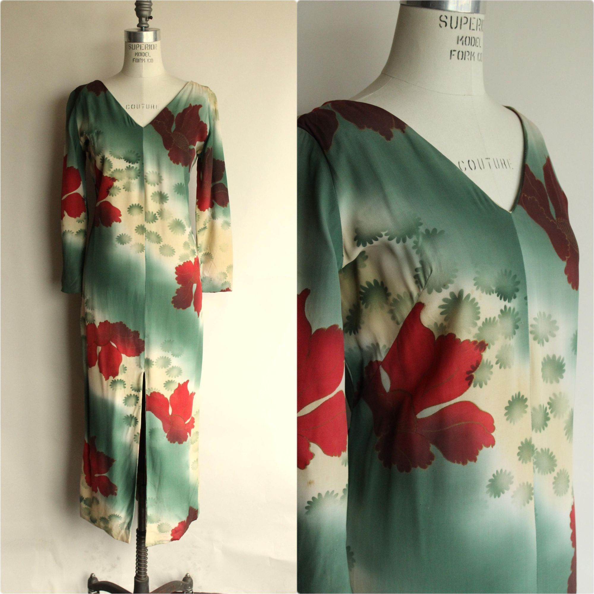 Vintage Vintage 1960s Dress, Green and Red Asian Rayon Maxidress wit Size M / US 6-8 / IT 42-44 - 1 Thumbnail
