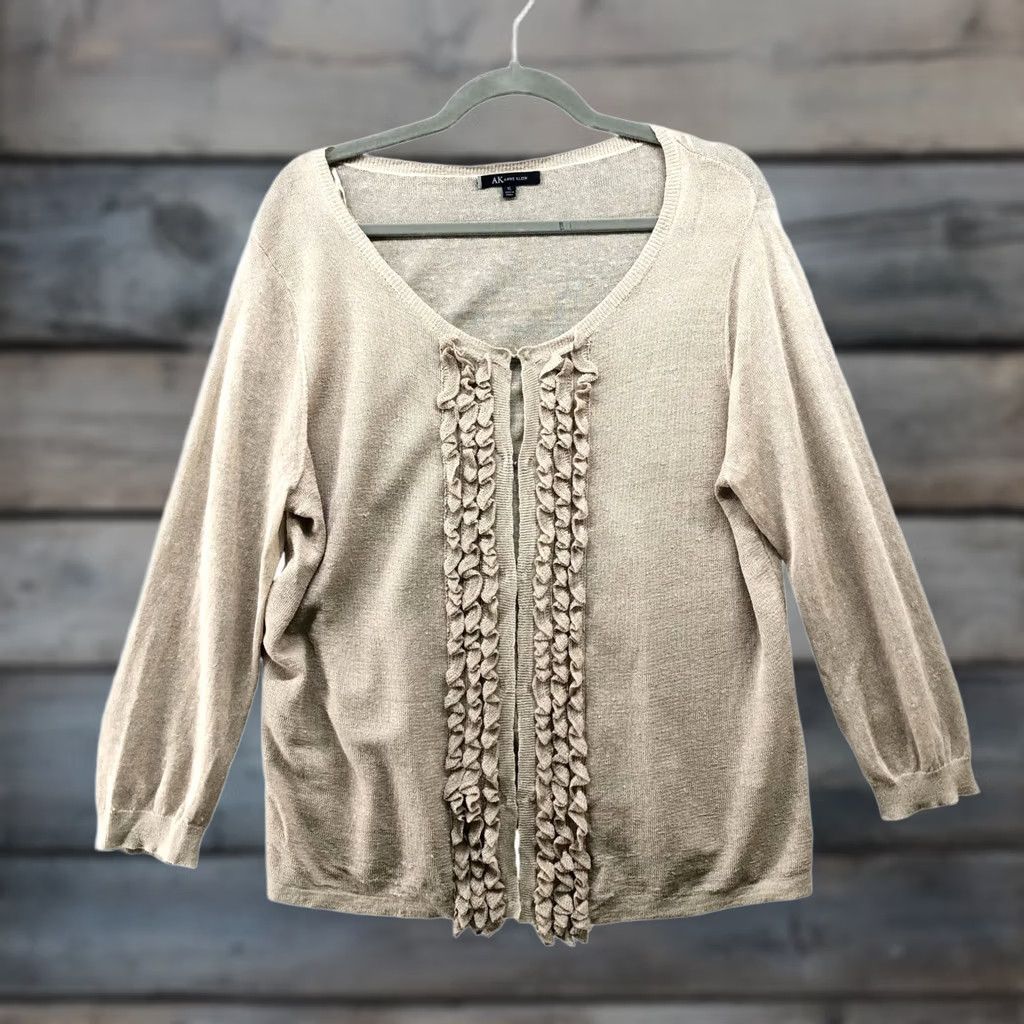 Ann Taylor Anne Klein Linen Blend Cardigan Womens XL Beige Open Knit Ruffle Front Hook Size XL / US 12-14 / IT 48-50 - 1 Thumbnail
