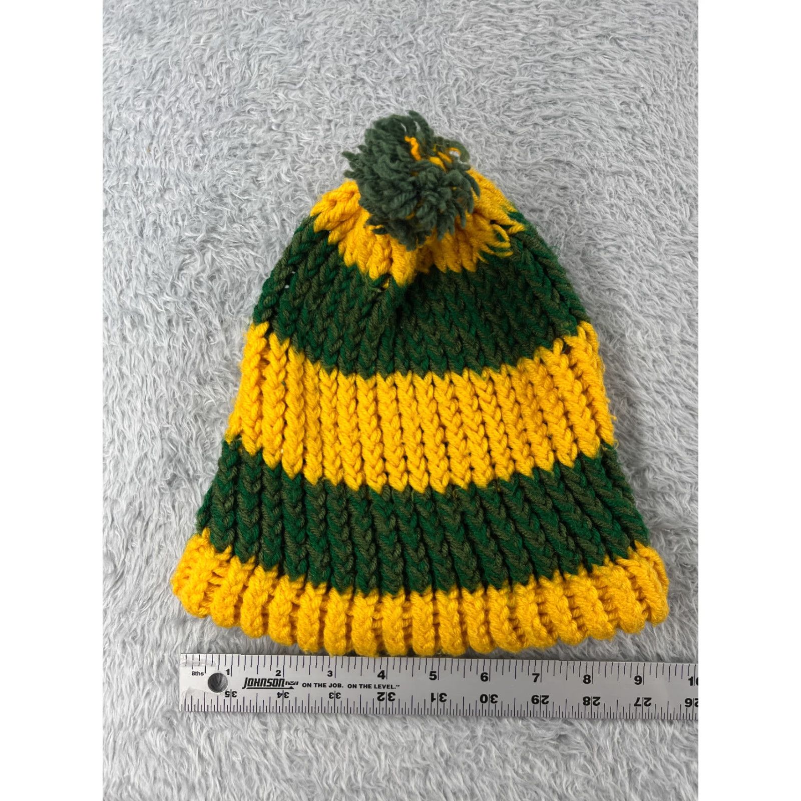 Vintage Handmade Green Bay Packers Style Beanie Knit Hat Adult One Size Green Striped Acrylic Pom Unisex Size ONE SIZE - 4 Thumbnail