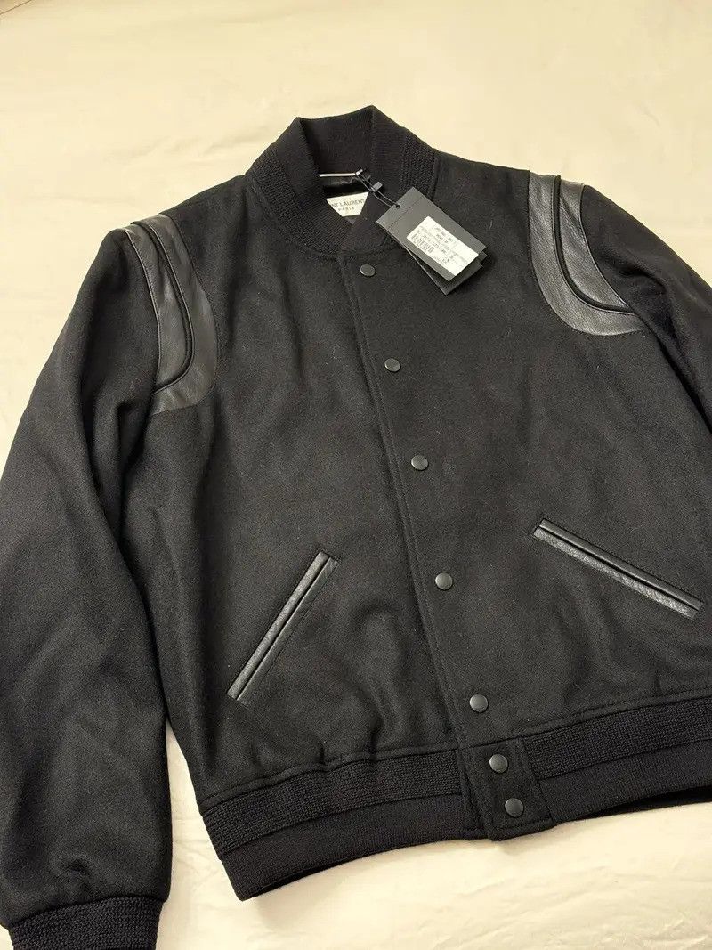 Saint Laurent Paris Teddy Leather-Trimmed Wool Bomber Jacket Size US M / EU 48-50 / 2 - 2 Thumbnail