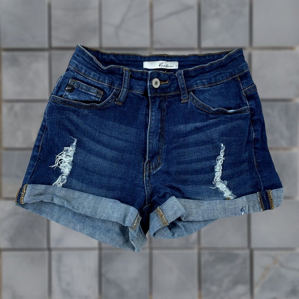 Vintage KanCan Womens 25 3/25 Blue Distressed Cuffed Stretch Denim Jean Dark Wash Shorts Size 42" / US 20 - 1 Thumbnail