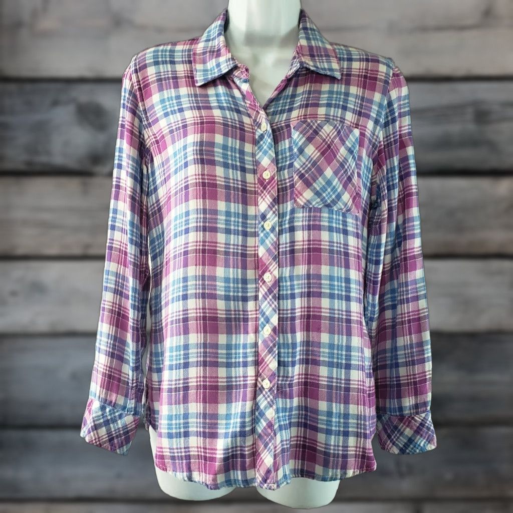Gap Gap Shirt Women's Button Front PXS Plaid Purple Blue Long Sleeve Rayon Size Type: Petites, Gap Purple Plaid Button-Up Shirt Womens Size XS / US 0-2 / IT 36-38 - 1 Thumbnail