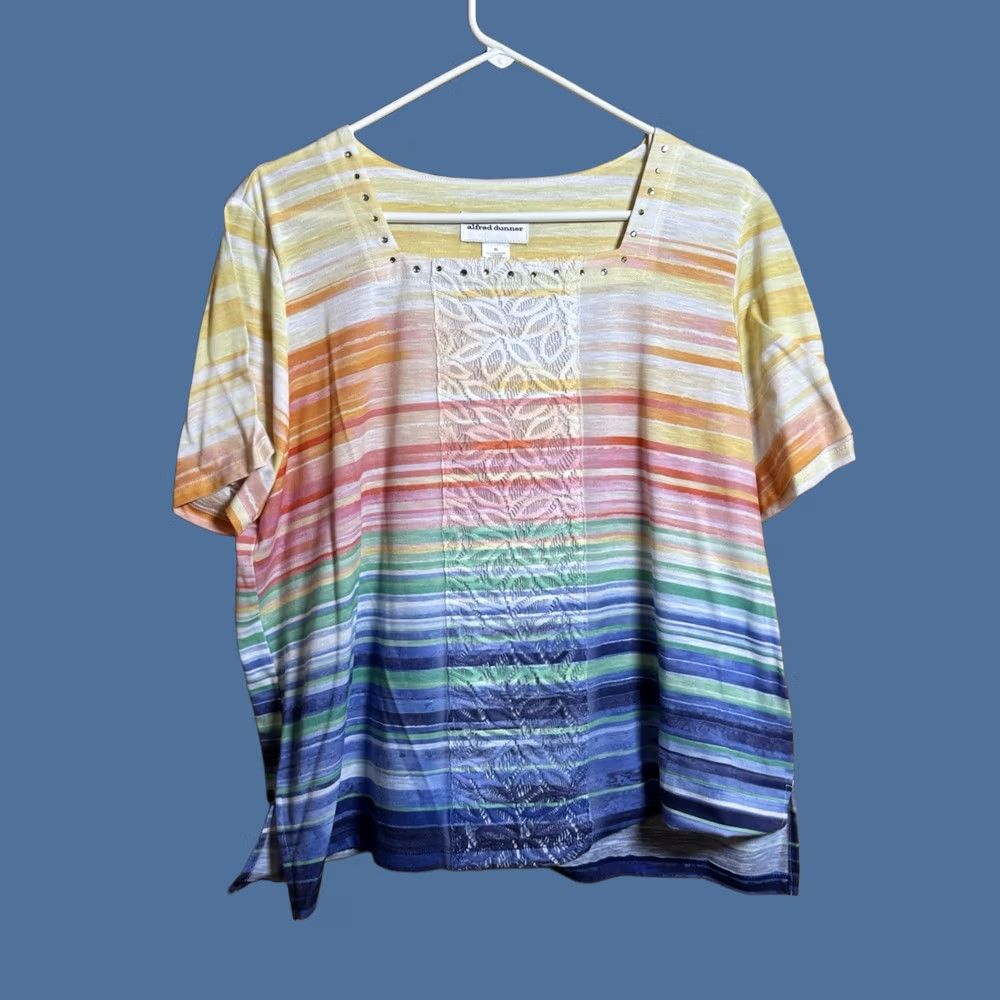 Vintage Alfred Dunner Womens XL Blouse Rainbow Striped Lace Rhinestone Bling Top Feminine Size XL / US 12-14 / IT 48-50 - 1 Thumbnail