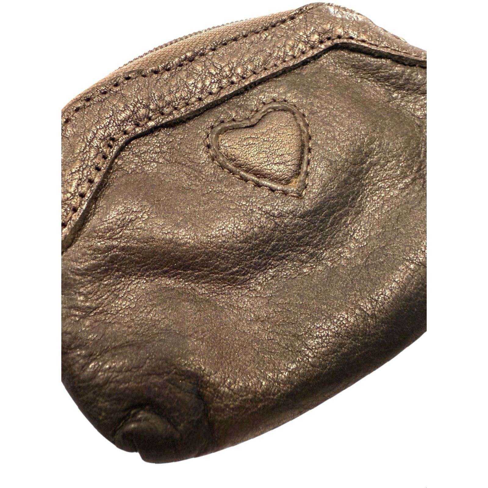 Brighton VINTAGE Brighton Metallic Gray Brown Pebbled Leather Coin Wallet Zip Pouch Women One Size Brown Heart Zipper Purse Size ONE SIZE - 6 Thumbnail