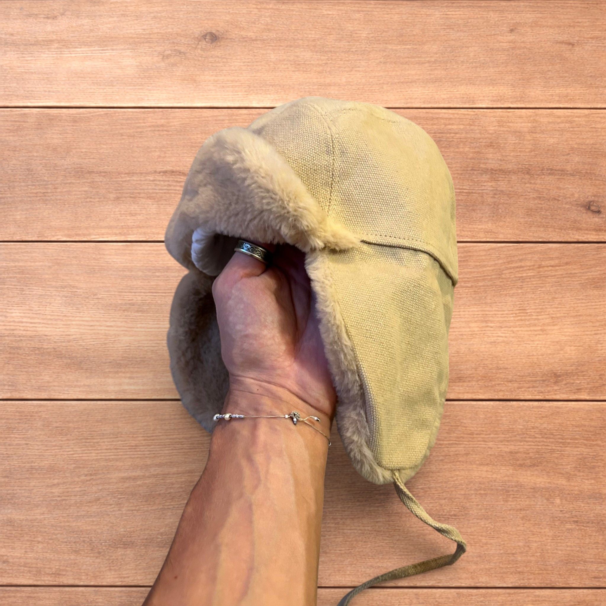 Japanese Brand Russian trapper ear flap hat in cream/beige colour way. Size ONE SIZE - 5 Thumbnail