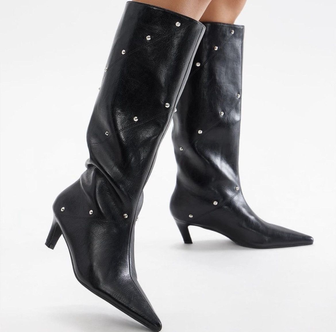 Fashion Nova Black Studded Leather Boots Size US 7.5 / IT 37.5 - 2 Thumbnail