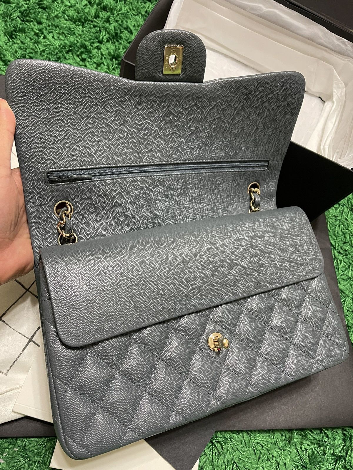Chanel Jumbo Double Flap Caviar- Grey